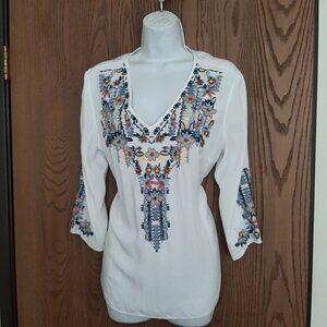 Anthropologie Luna Moon Floral Embroidered V-Neck Boho Top Large